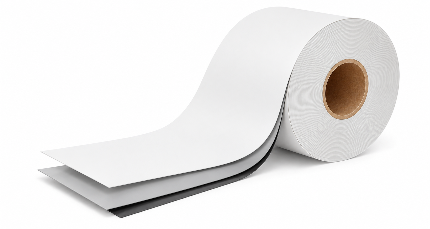 White RV roof repair tape showing smooth fluorocarbon facing, grey butyl adhesive and thin dark release liner